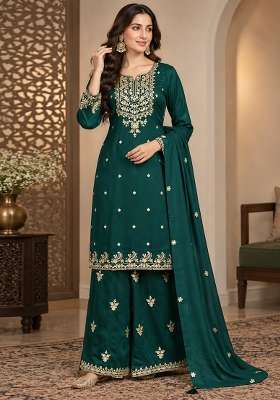 Dark Green Embroidered Silk Kurta Set