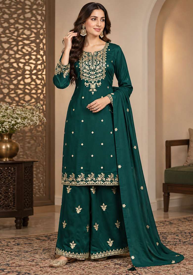 Dark Green Embroidered Silk Kurta Set - Indya