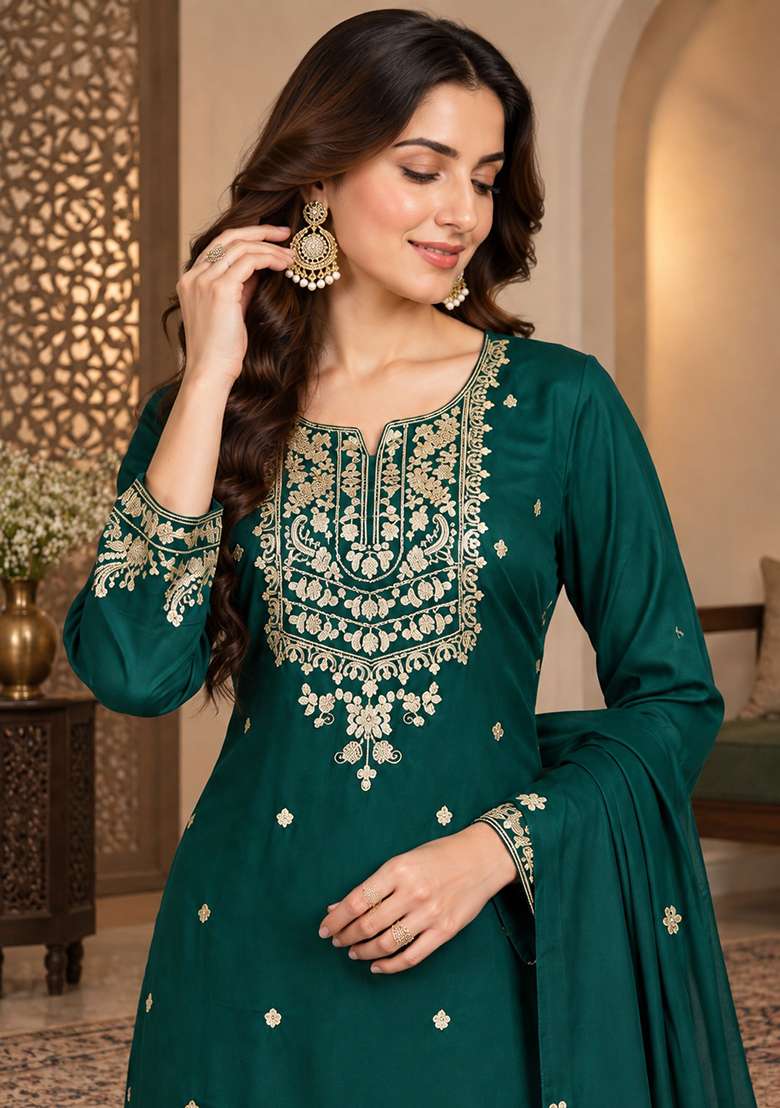 Dark Green Embroidered Silk Kurta Set - Indya