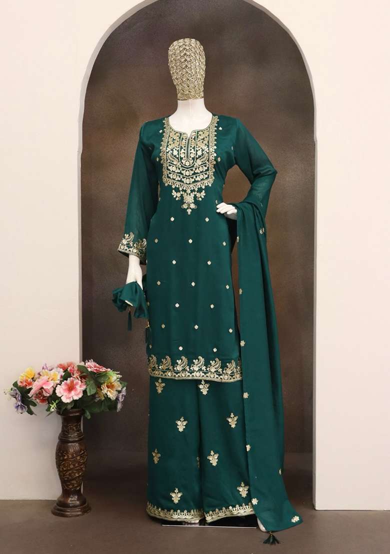 Dark Green Embroidered Silk Kurta Set - Indya