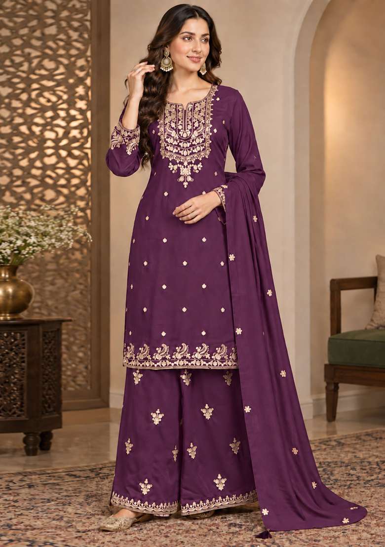 Purple Embroidered Silk Kurta Set - Indya