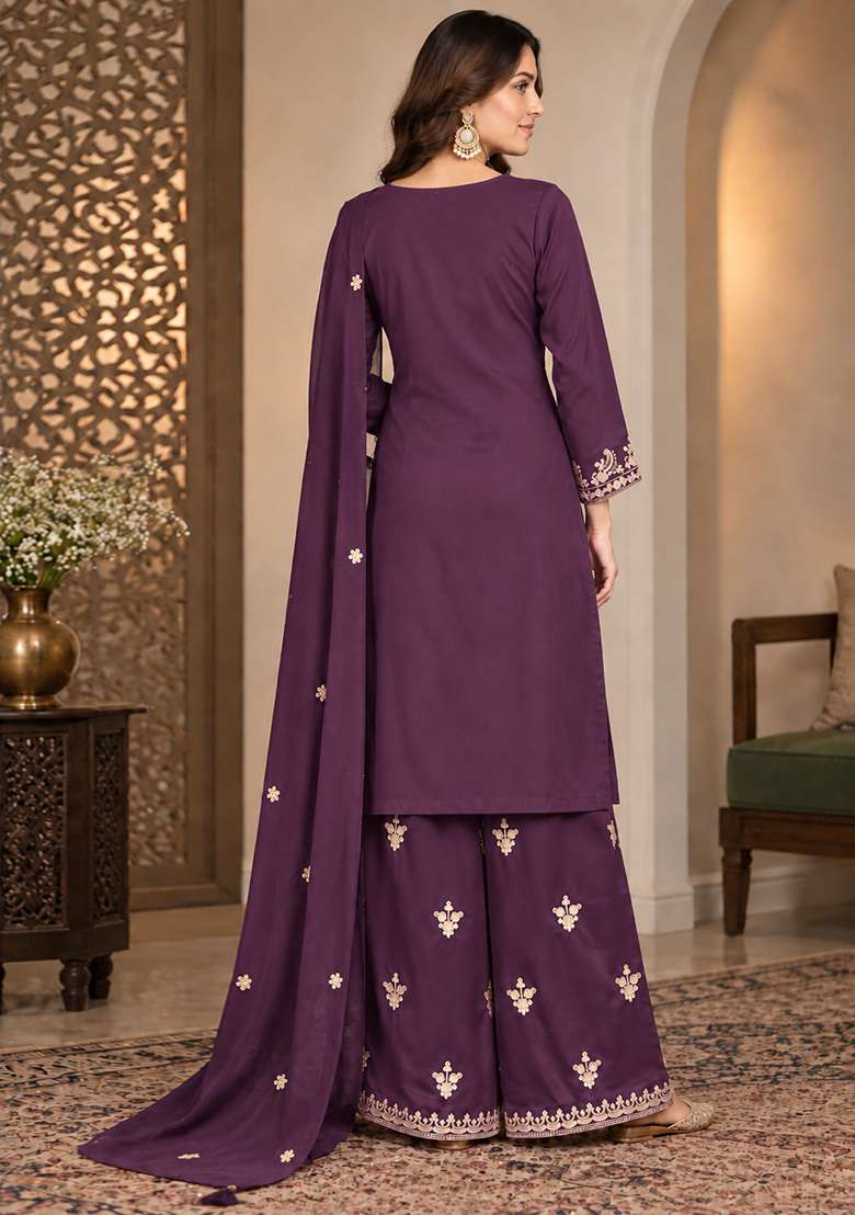 Purple Embroidered Silk Kurta Set - Indya