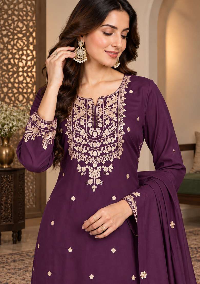 Purple Embroidered Silk Kurta Set - Indya