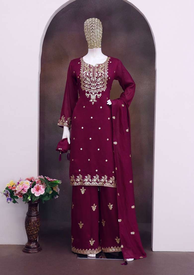 Purple Embroidered Silk Kurta Set - Indya
