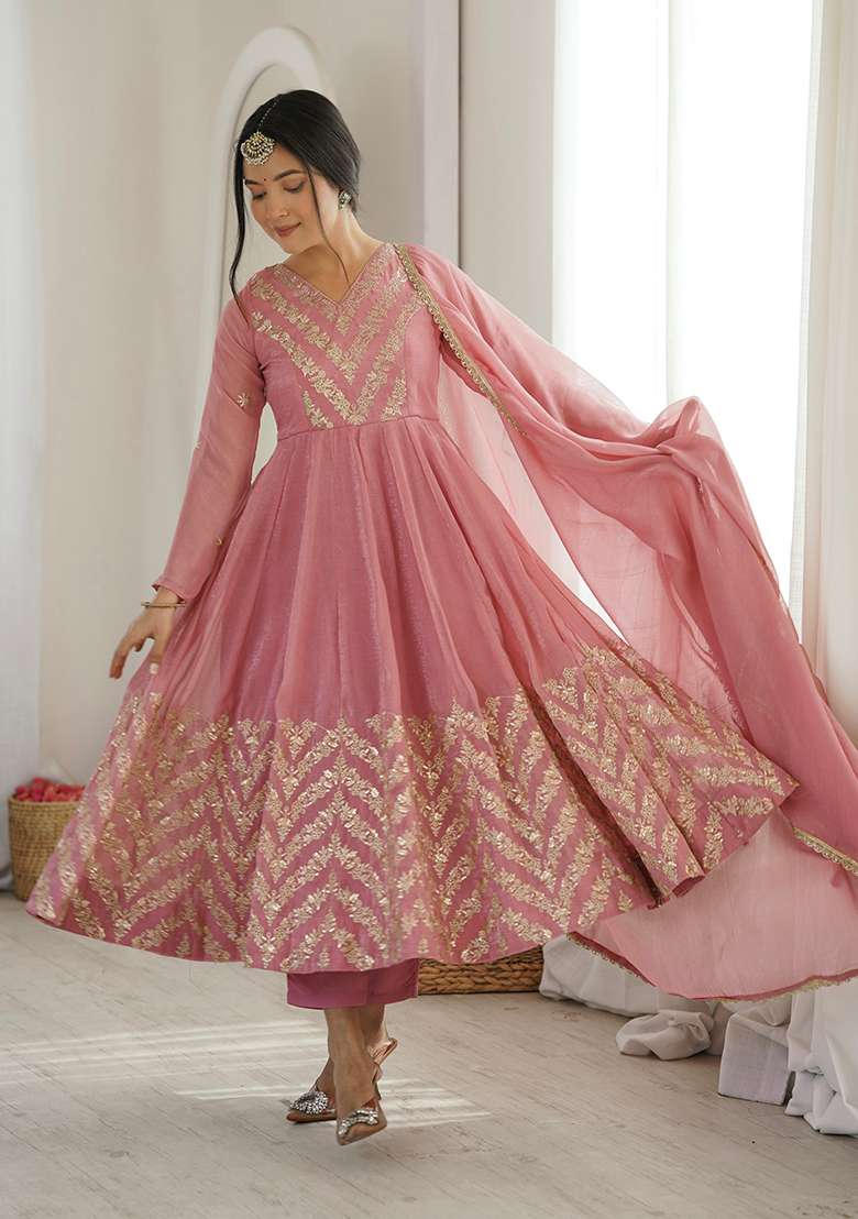 Pink Embroidered Silk Anarkali Set - Indya