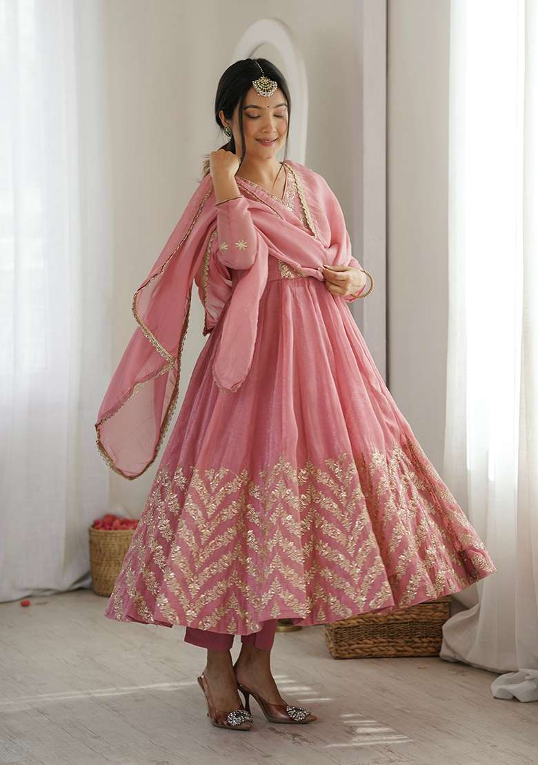Pink Embroidered Silk Anarkali Set - Indya