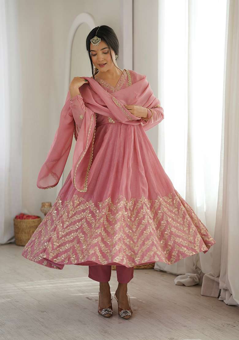 Pink Embroidered Silk Anarkali Set - Indya