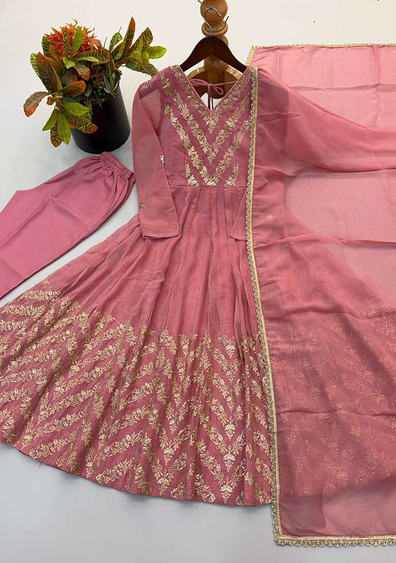 Pink Embroidered Silk Anarkali Set - Indya