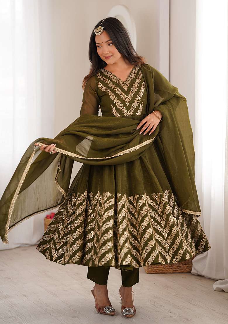 Olive Embroidered Silk Anarkali Set - Indya