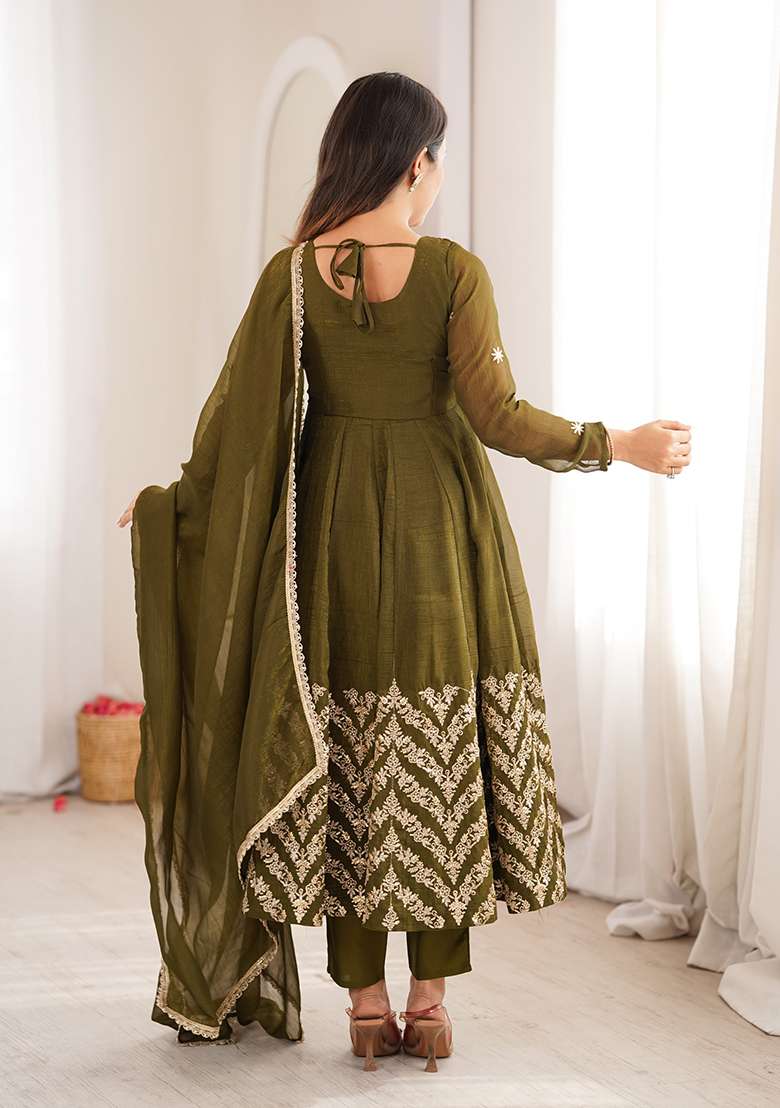 Olive Embroidered Silk Anarkali Set - Indya
