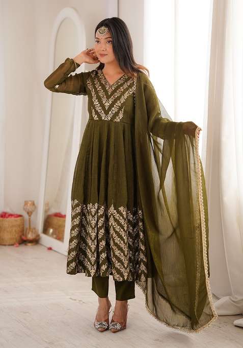 Olive Embroidered Silk Anarkali Set
