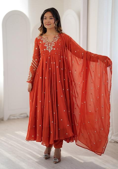 Orange Embroidered Georgette Anarkali Set