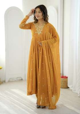 Yellow Embroidered Georgette Anarkali Set