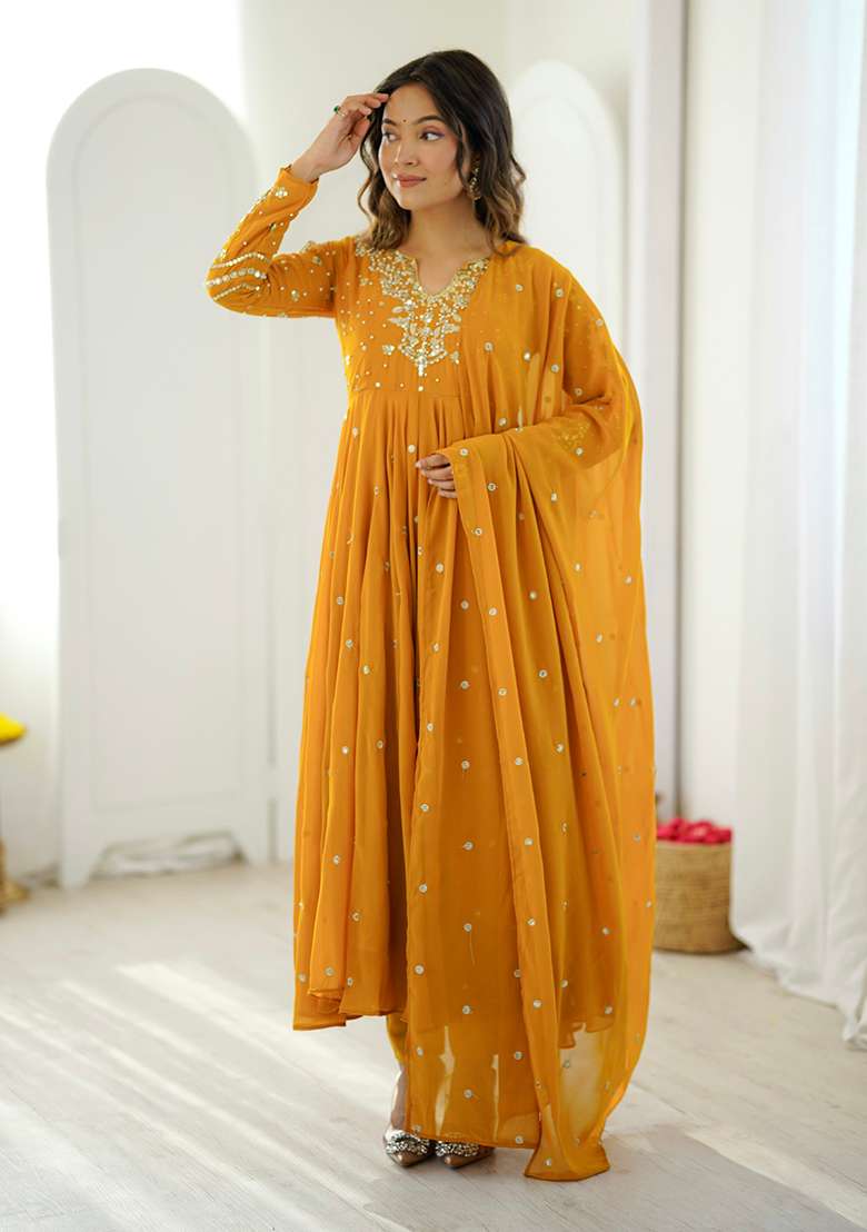 Yellow Embroidered Georgette Anarkali Set - Indya