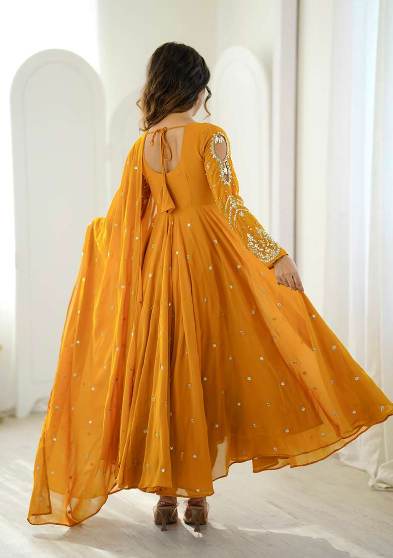 Yellow Embroidered Georgette Anarkali Set - Indya