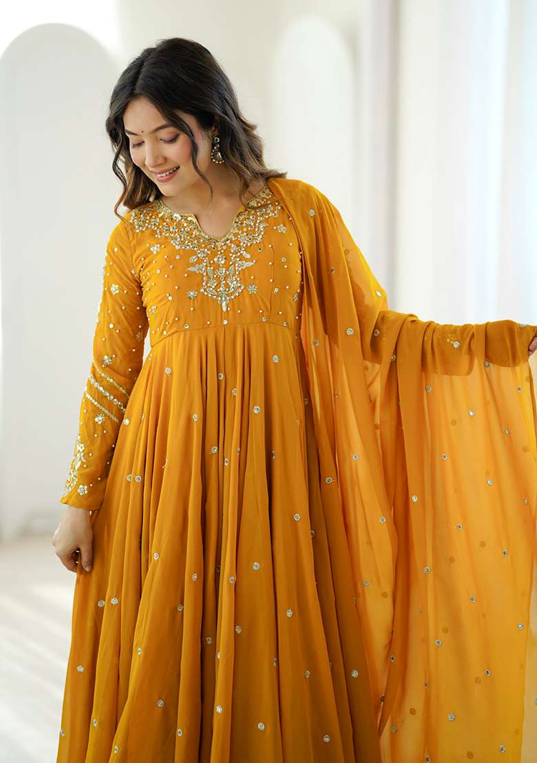 Yellow Embroidered Georgette Anarkali Set - Indya