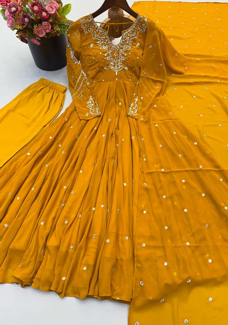 Yellow Embroidered Georgette Anarkali Set - Indya