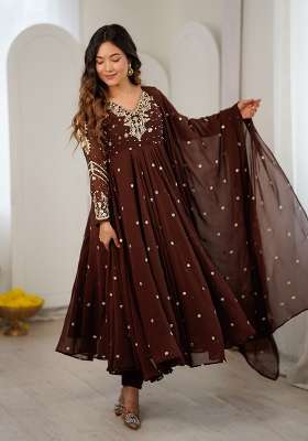 Dark Brown Embroidered Georgette Anarkali Set