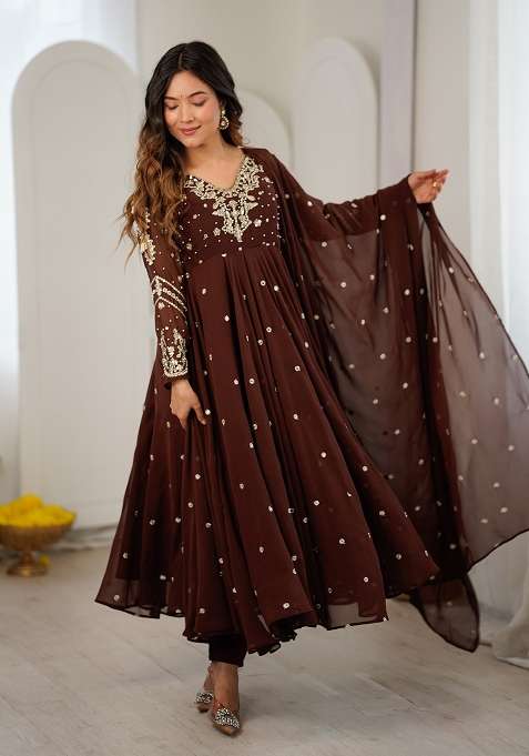 Dark Brown Embroidered Georgette Anarkali Set