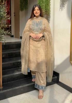 Beige Embroidered Silk Kurta Set