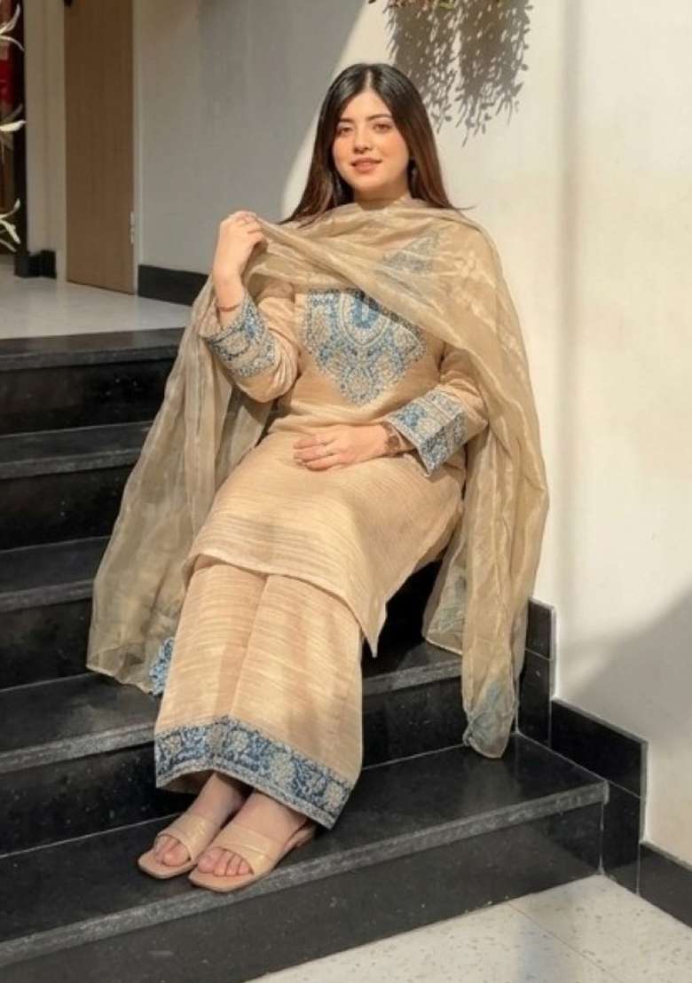 Beige Embroidered Silk Kurta Set - Indya