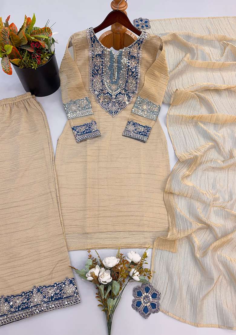 Beige Embroidered Silk Kurta Set - Indya