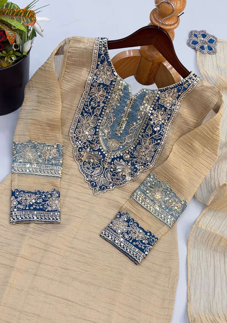 Beige Embroidered Silk Kurta Set - Indya