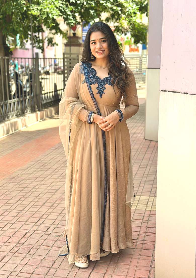 Beige Embroidered Silk Anarkali Set - Indya