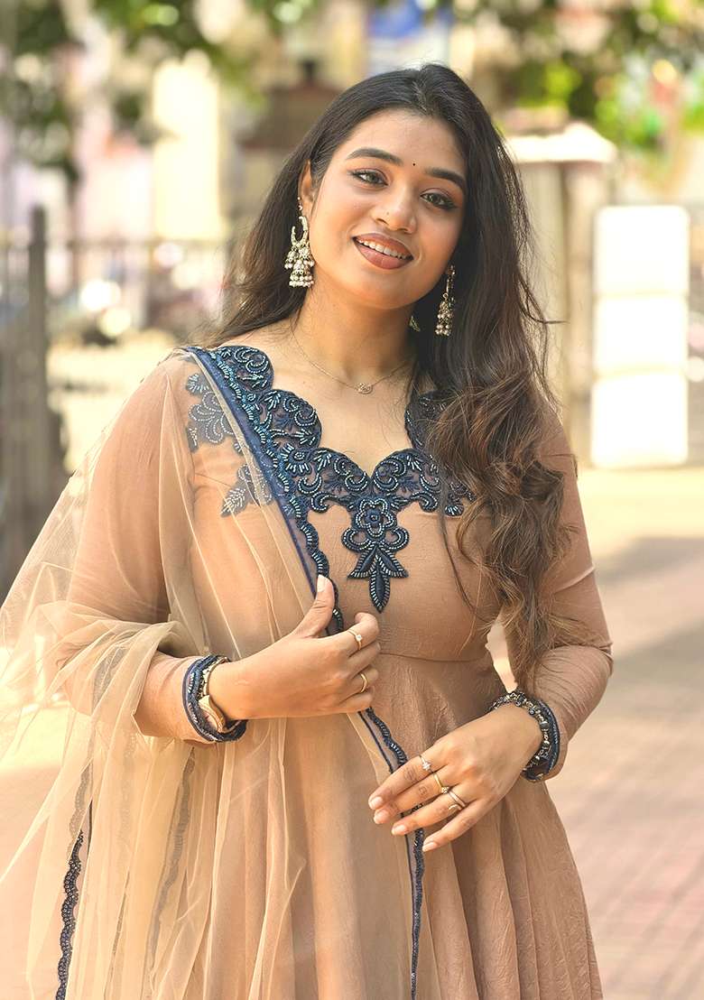Beige Embroidered Silk Anarkali Set - Indya