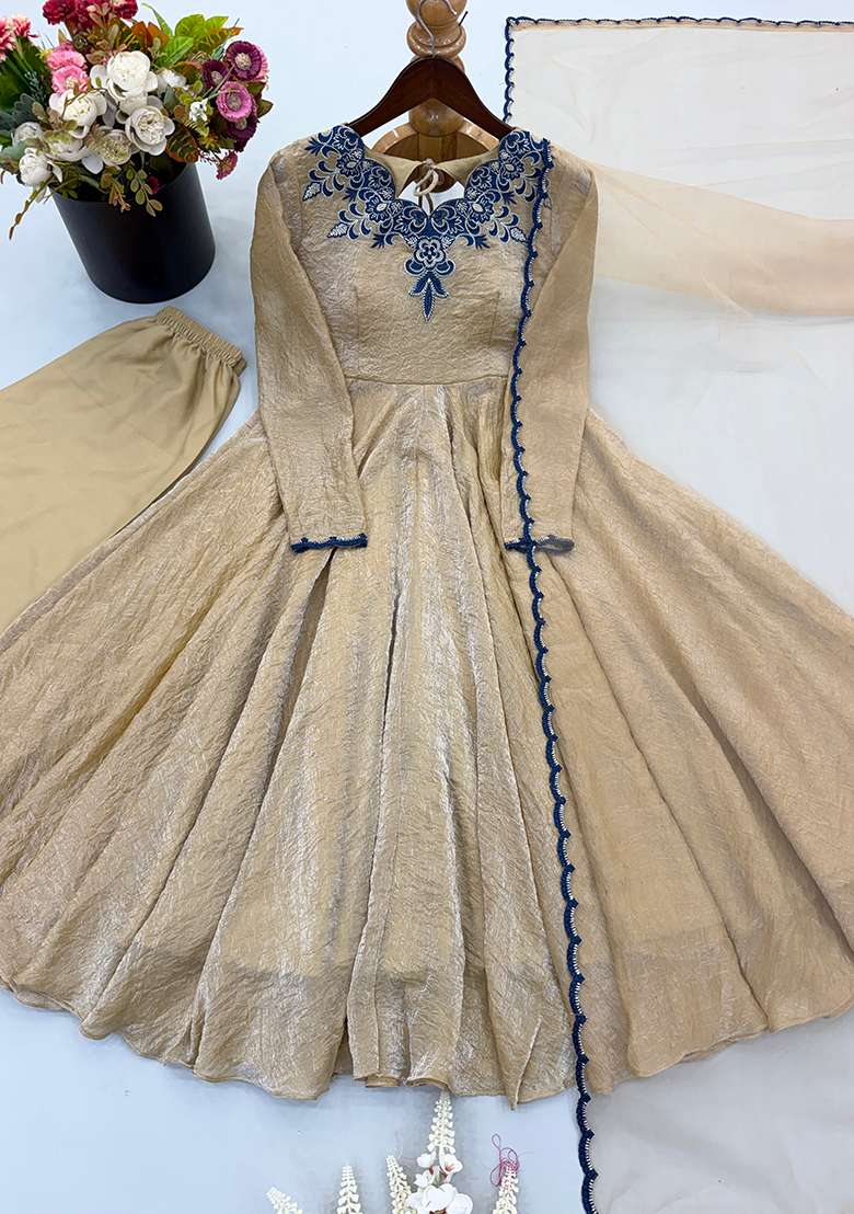 Beige Embroidered Silk Anarkali Set - Indya
