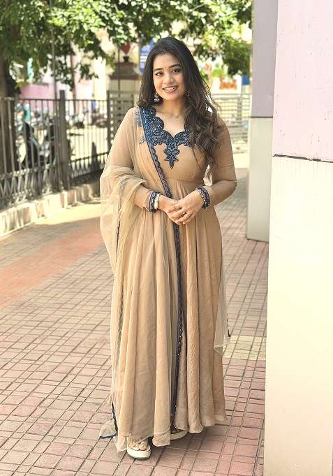Beige Embroidered Silk Anarkali Set