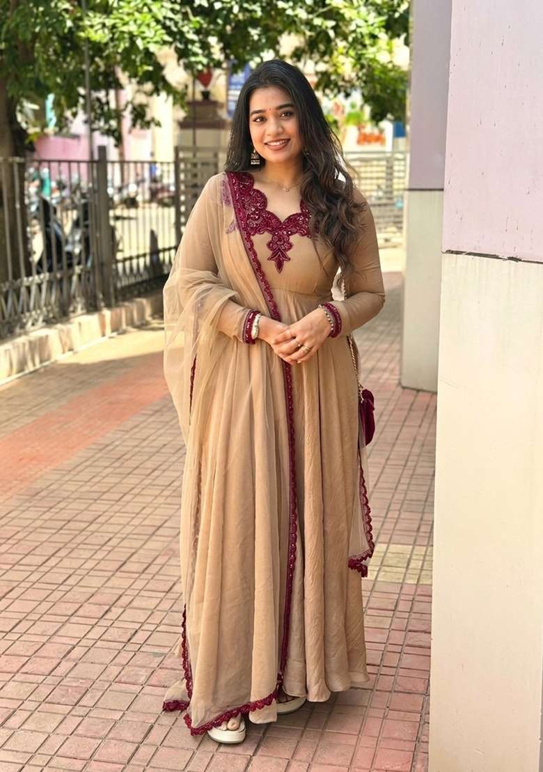 Beige Embroidered Silk Anarkali Set - Indya
