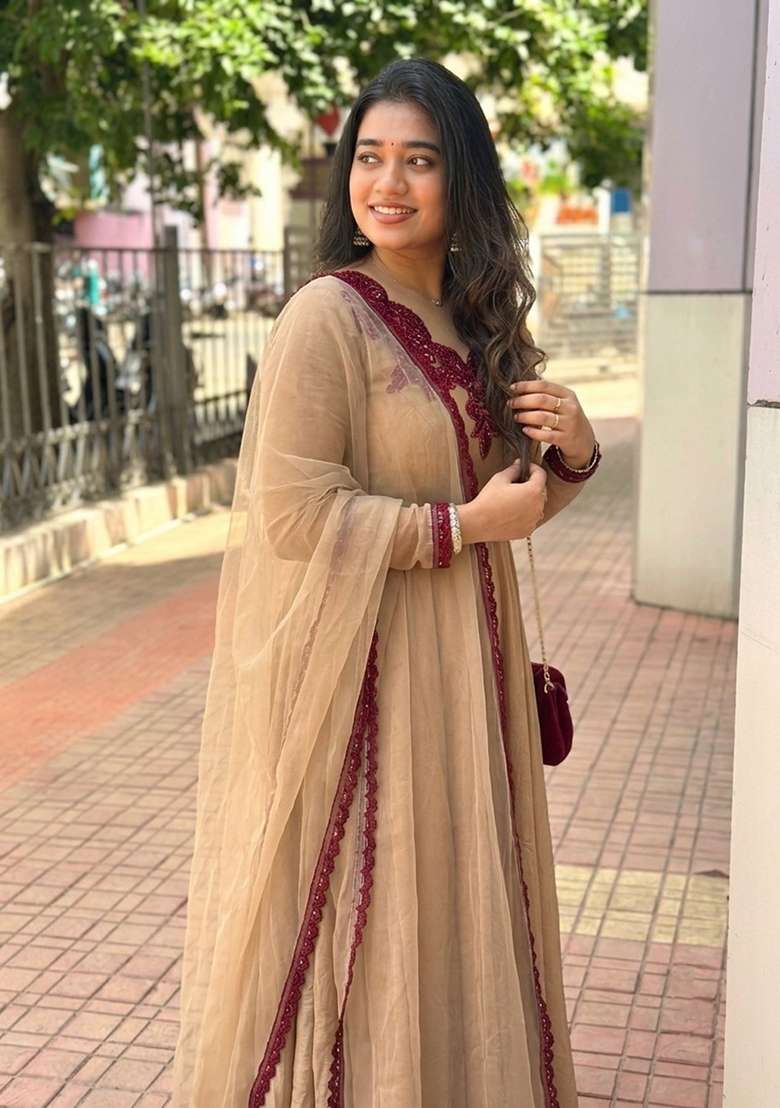 Beige Embroidered Silk Anarkali Set - Indya
