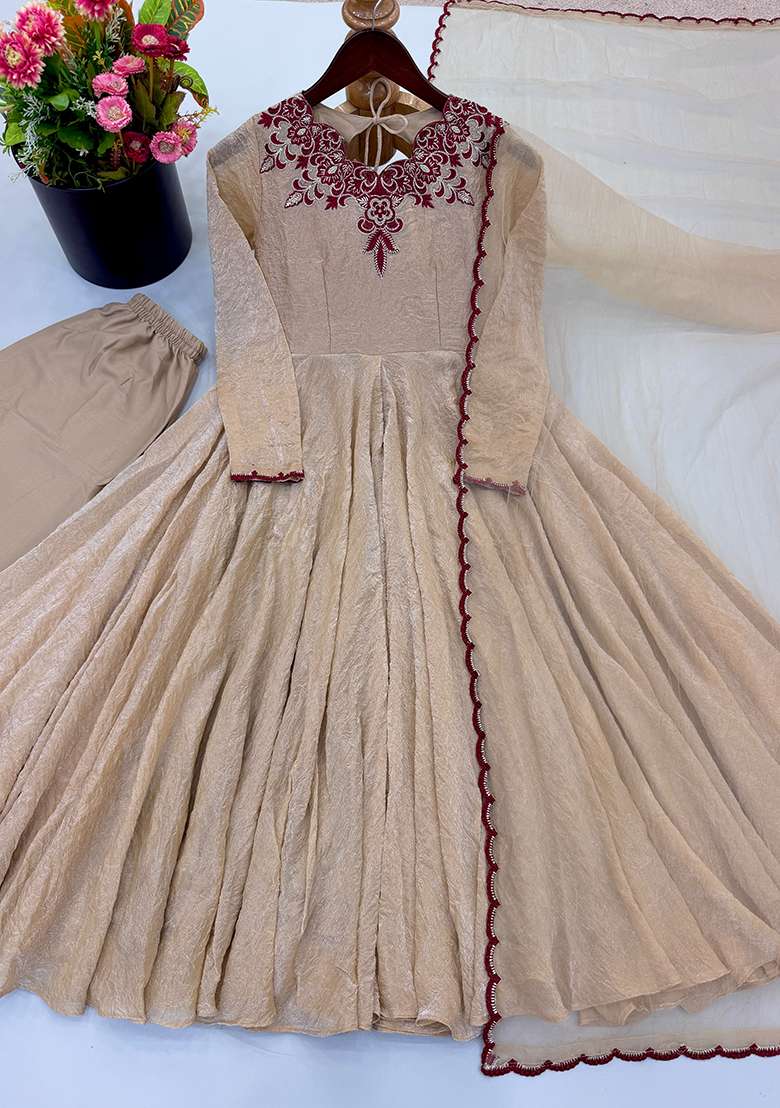 Beige Embroidered Silk Anarkali Set - Indya