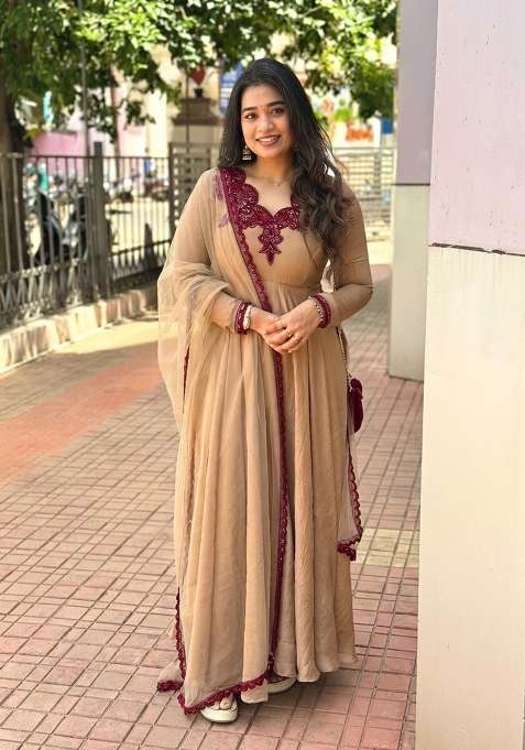 Beige Embroidered Silk Anarkali Set