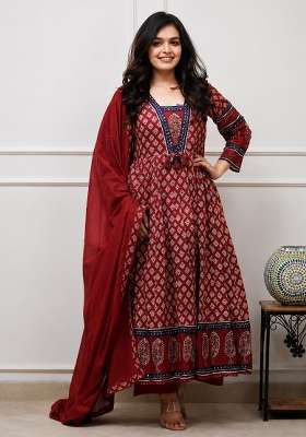 Maroon Printed Cotton Kurta Set