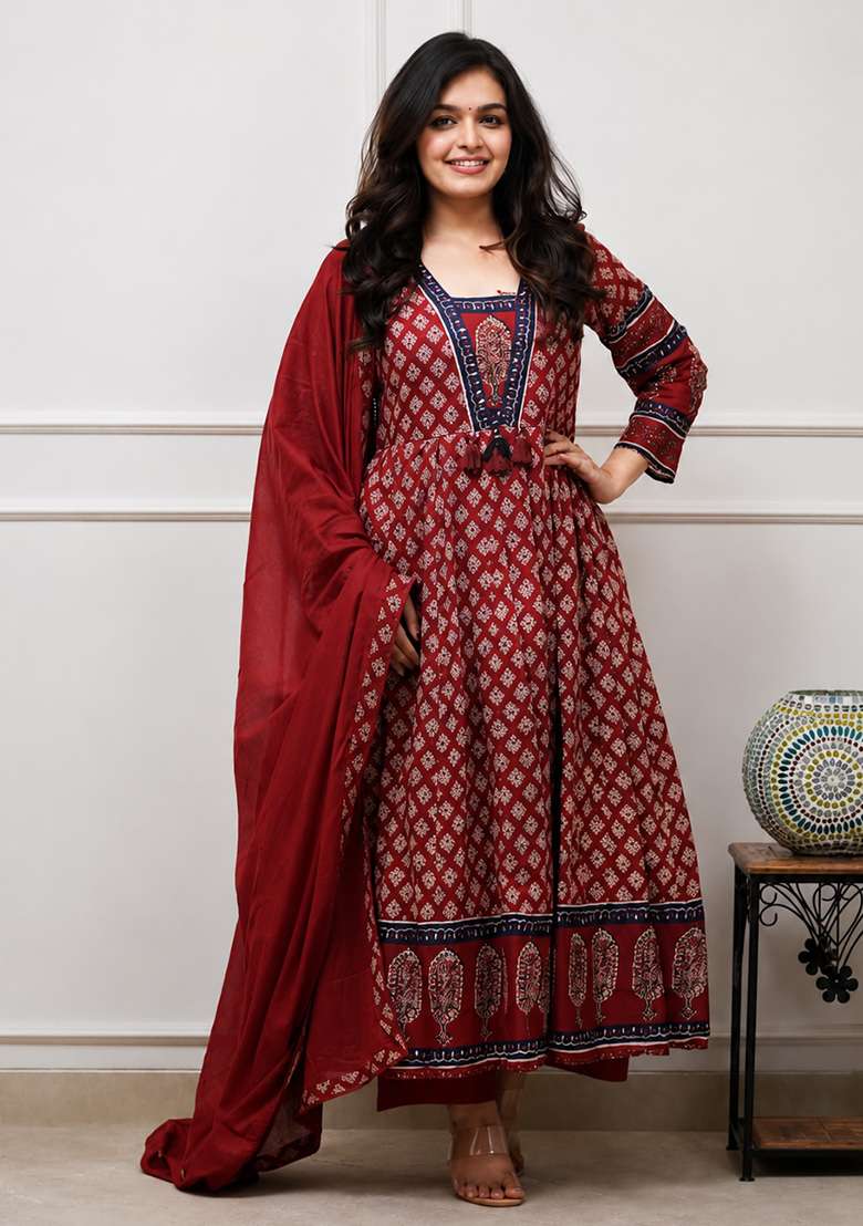 Maroon Printed Cotton Kurta Set - Indya