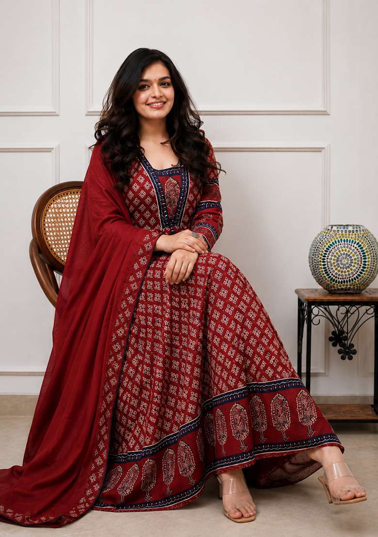 Maroon Printed Cotton Kurta Set - Indya