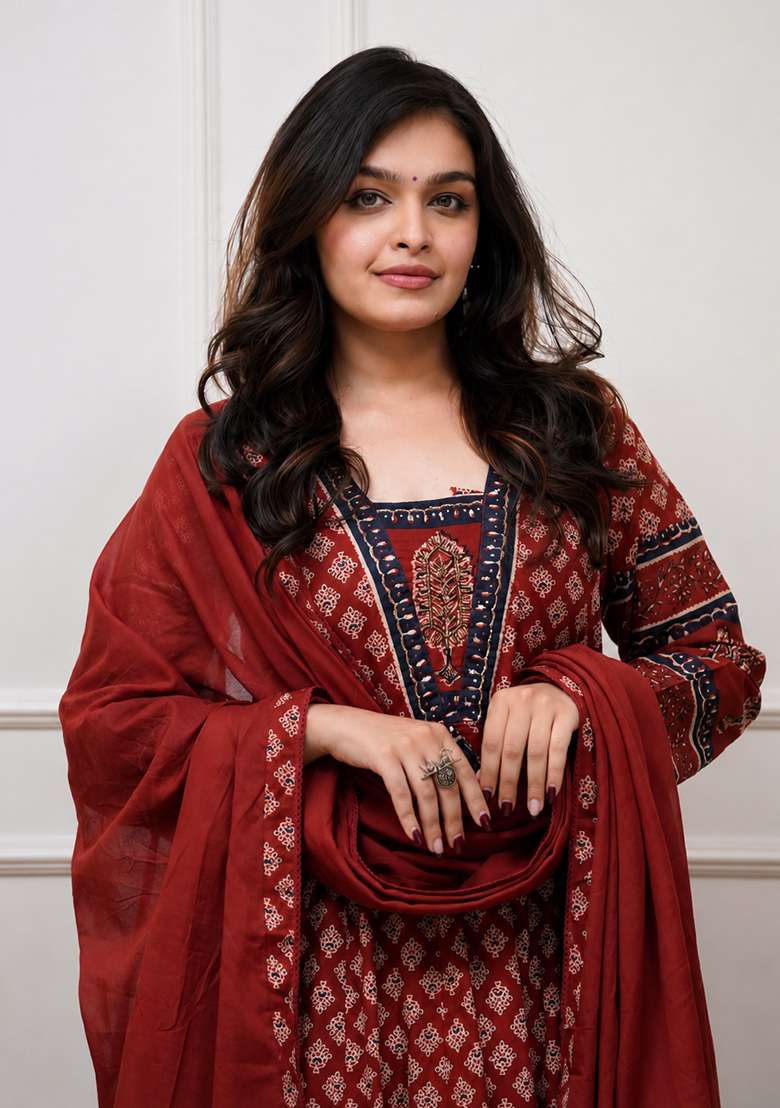 Maroon Printed Cotton Kurta Set - Indya