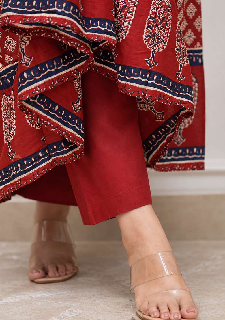Maroon Printed Cotton Kurta Set - Indya