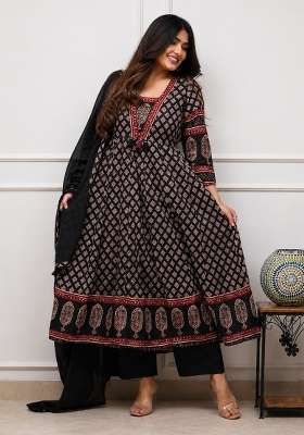 Black Printed Cotton Kurta Set