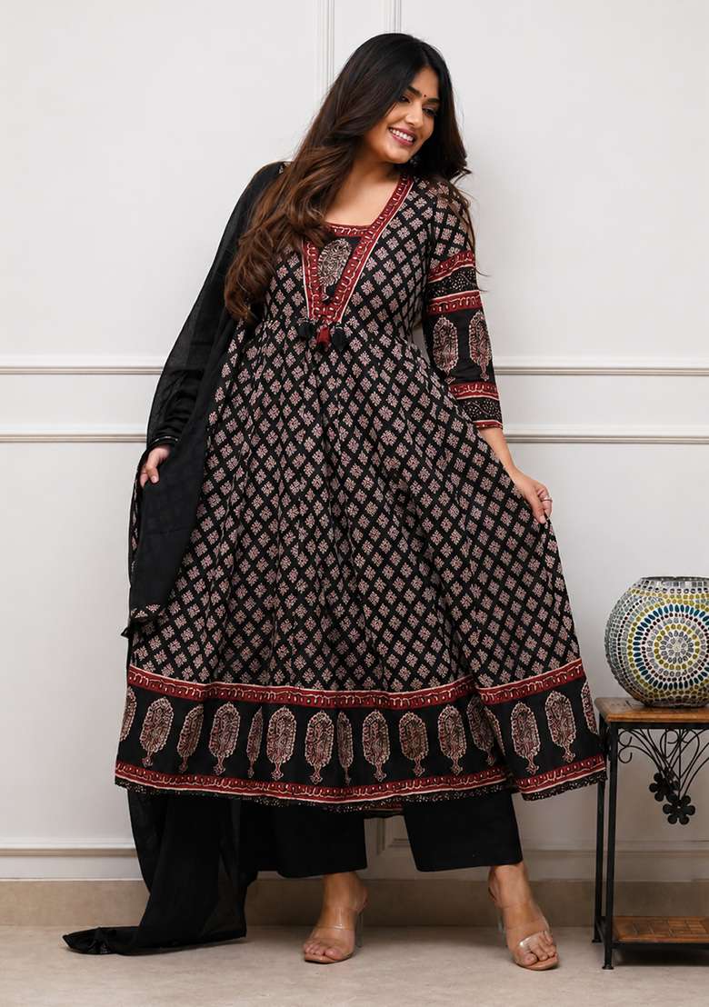 Black Printed Cotton Kurta Set - Indya