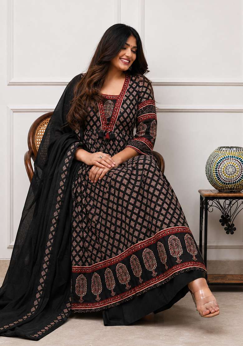 Black Printed Cotton Kurta Set - Indya