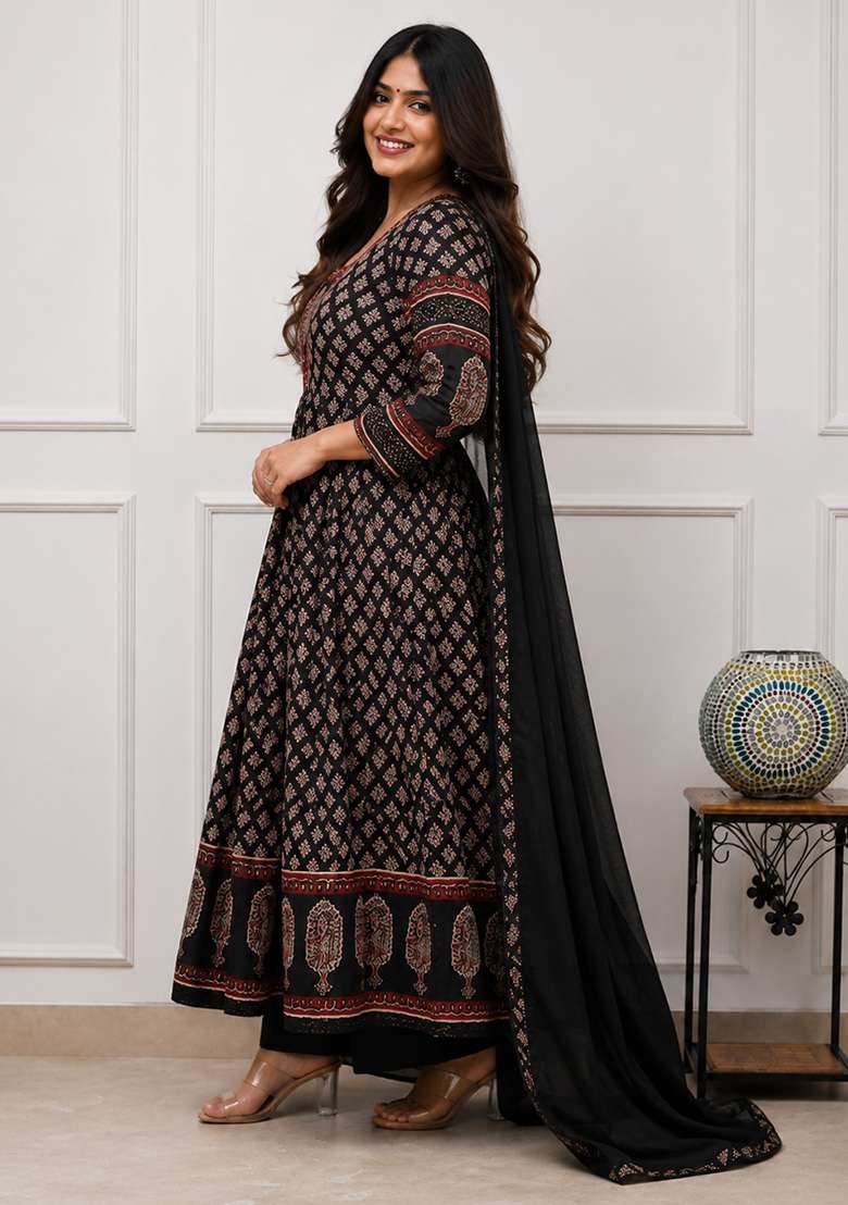 Black Printed Cotton Kurta Set - Indya