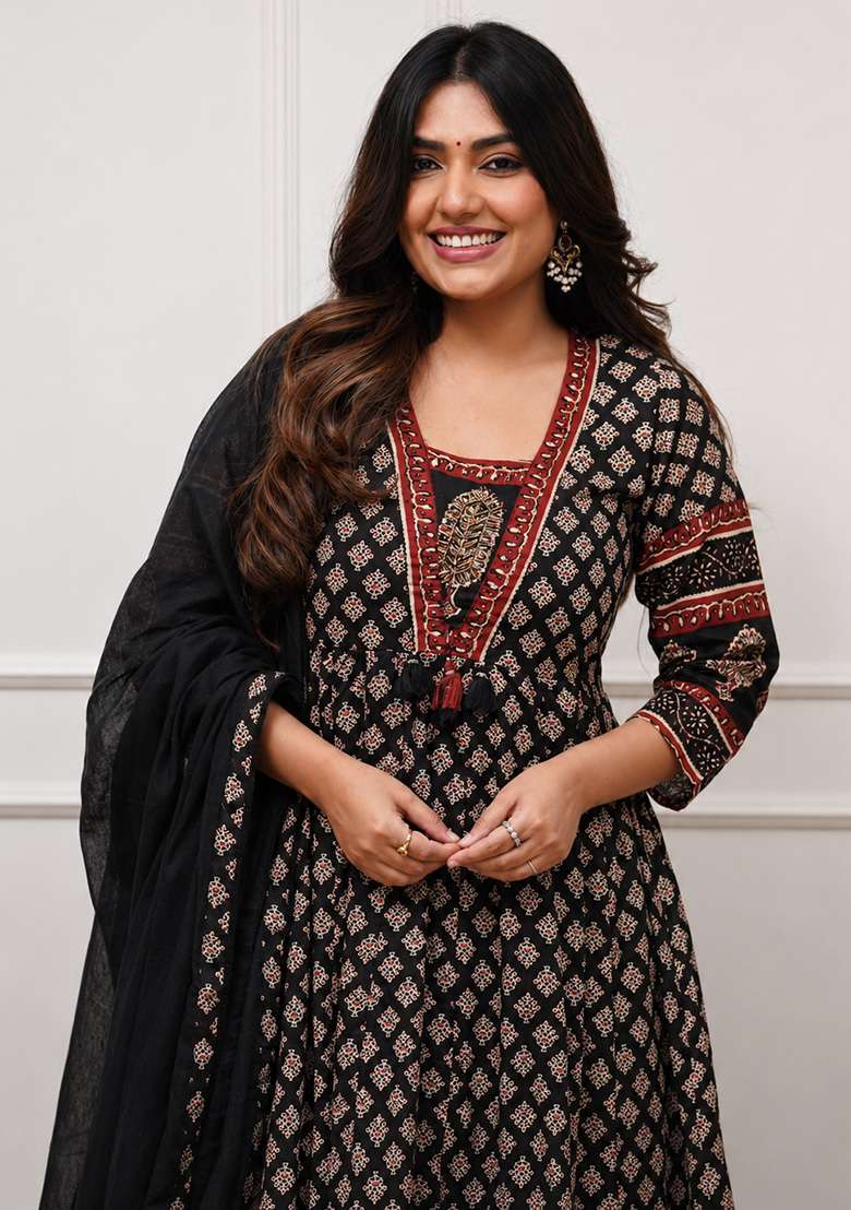 Black Printed Cotton Kurta Set - Indya