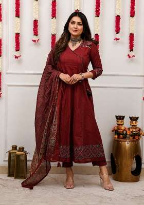 Maroon Printed Cotton Kurta Set