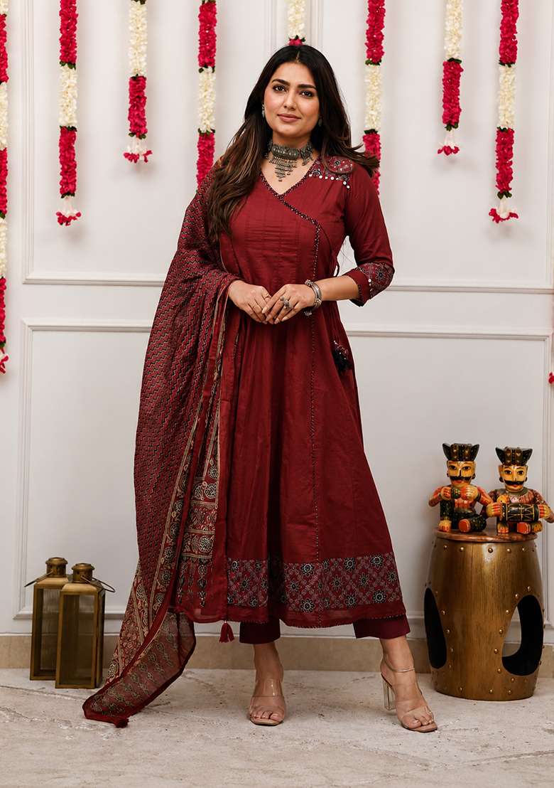 Maroon Printed Cotton Kurta Set - Indya