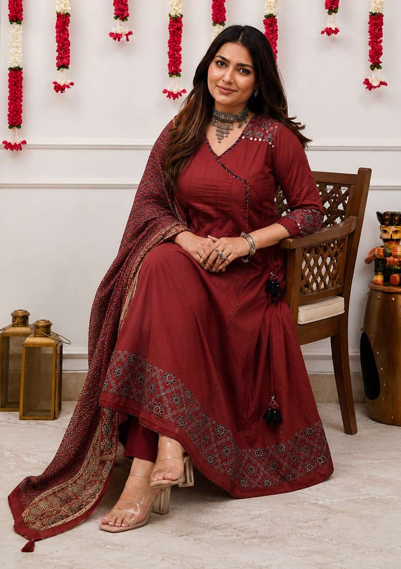 Maroon Printed Cotton Kurta Set - Indya