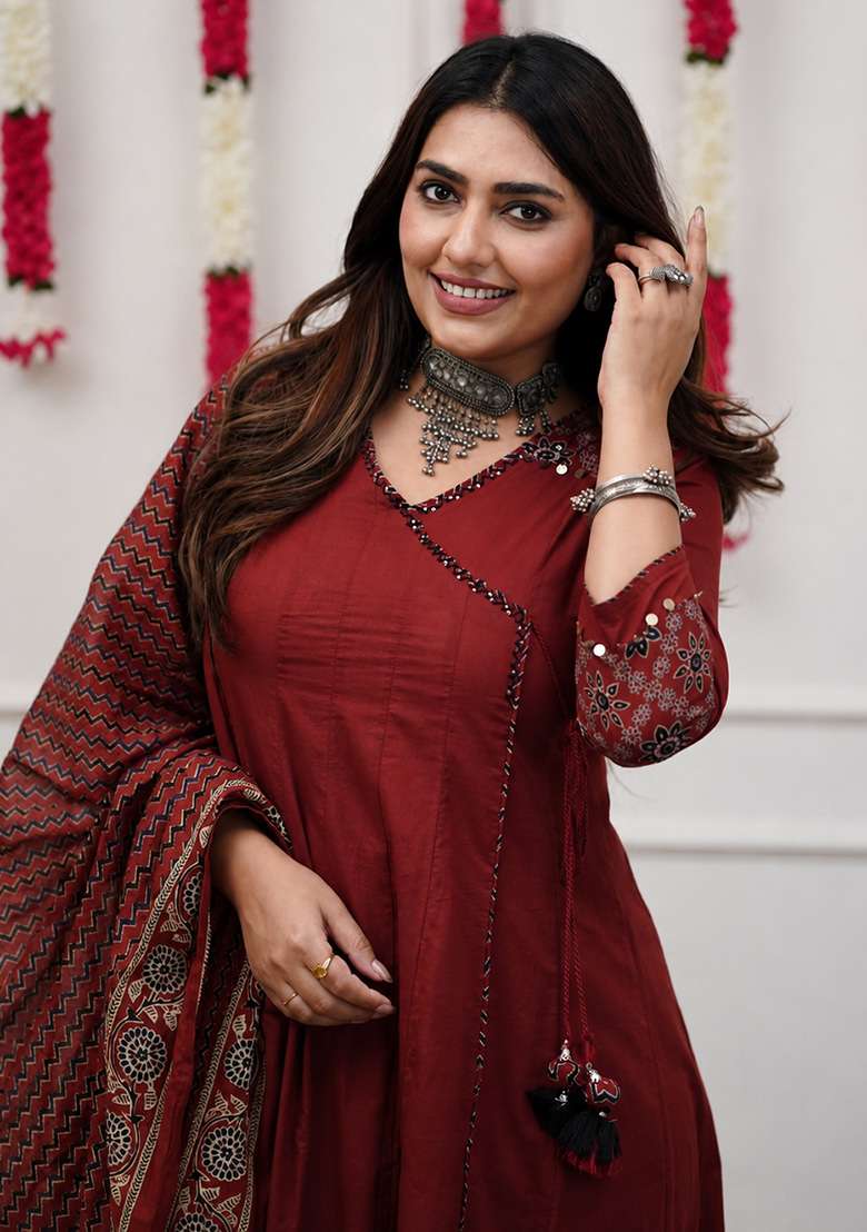 Maroon Printed Cotton Kurta Set - Indya