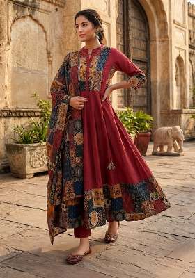 Maroon Printed Cotton Kurta Set